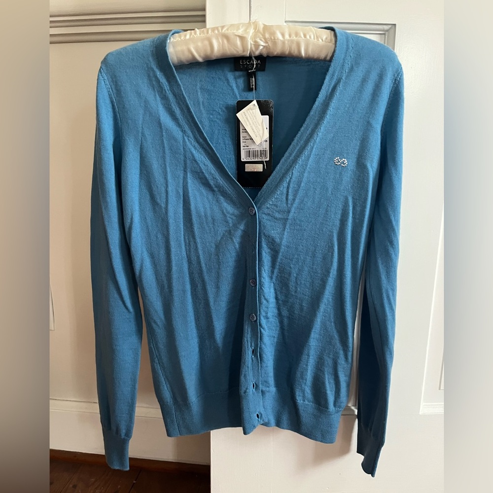 Escada light pastel blue wool cardigan sweater-very flattering. NWT